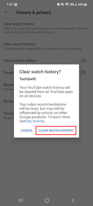 YouTube Mobile App Clear Watch History in Clear Watch History Confirmation Box