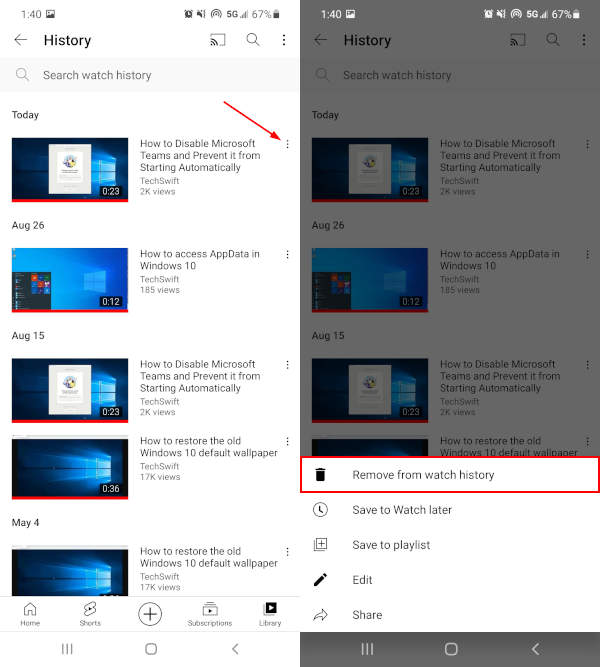 YouTube Mobile App Remove from History in Video Ellipses Menu