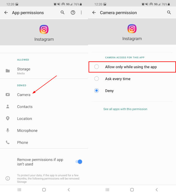 Android Camera Permissions in Instagram App Settings
