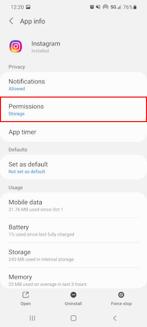 Android Permissions in Instagram App Settings