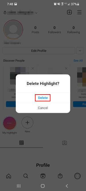 Instagram Delete in Confirmation Box