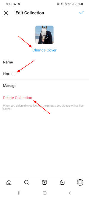 Instagram Mobile App Collection Name and Cover Photo with Delete Collection Highlighted on Edit Collection Screen