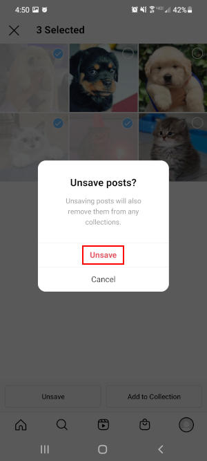 Instagram Mobile App Unsave Button in Confirmation Box