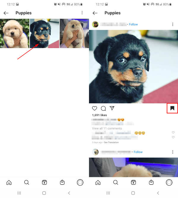 Instagram Mobile App Unsave Button on Instagram Post