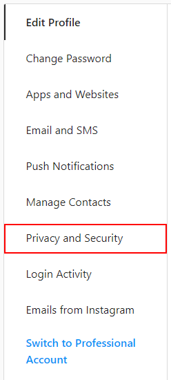 Instagram Website Privacy and Security in Settings