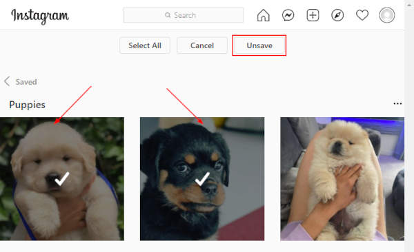 Instagram Website Unsave Button and Posts Selected with Unsaver for Instagram Extension