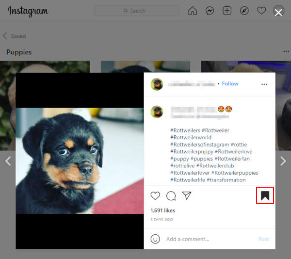 Instagram Website Unsave Button on Post