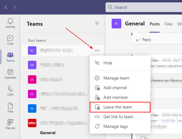 Microsoft Teams Leave the Team in Team Ellipsis Menu