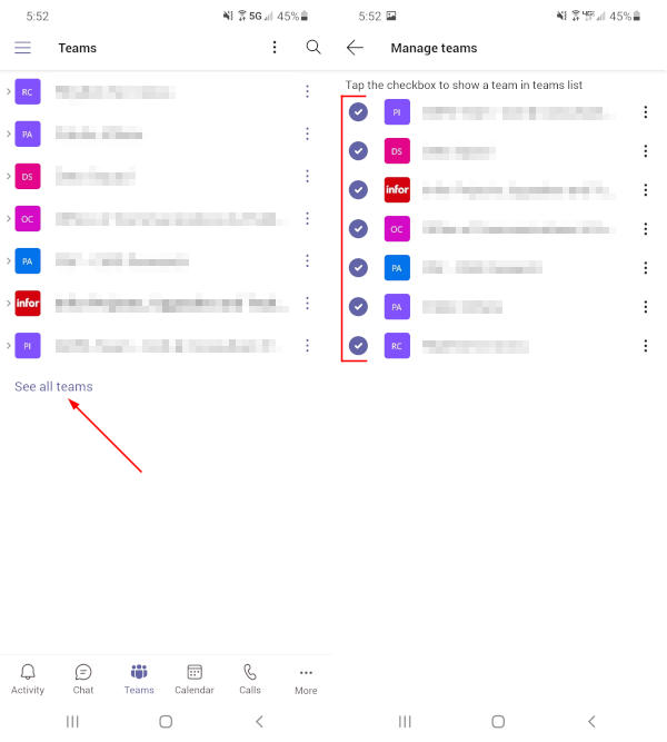 Microsoft Teams Mobile App Checkboxes Next to Teams on See All Teams Screen