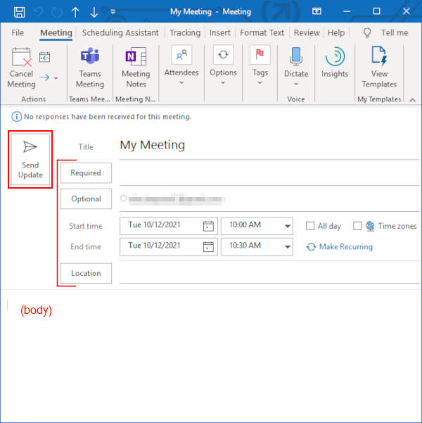 Outlook 365 Desktop Client Send Update in Reschedule Meeting Window