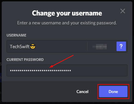 Discord Done Button on Change Username Page