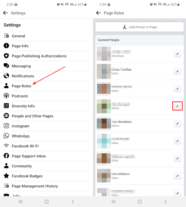 Значок редактирования мобильного приложения Facebook рядом с администратором в настройках ролей страницы