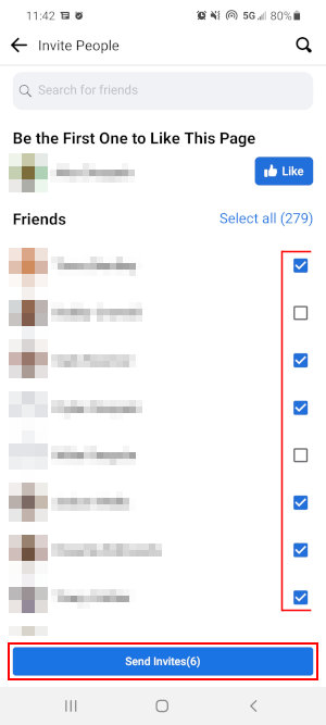 Facebook Mobile App Friends Selected and Send Invites Button on Invite Friends to Page Screen