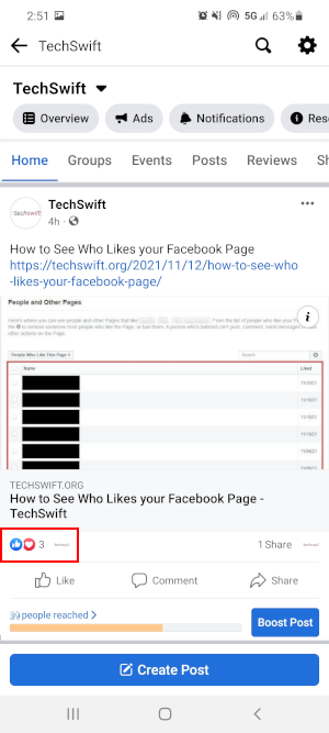 Facebook Mobile App Likes and Reactions on Facebook Page Post