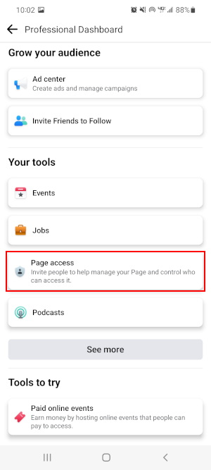 Facebook Mobile App Page Access in Facebook Page Professional Dashboard