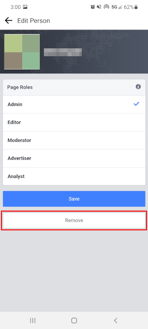 Кнопка удаления мобильного приложения Facebook на экране редактирования страницы администратора