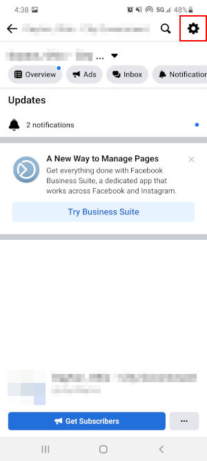 Facebook Mobile App Settings Icon on Page Homepage