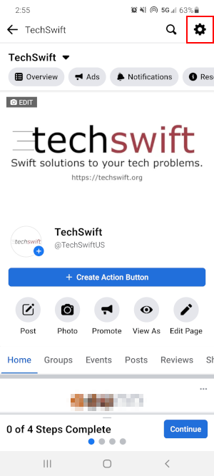 Значок настроек мобильного приложения Facebook на домашней странице TechSwift.jpg
