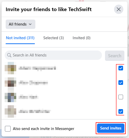 Facebook Page Friends Selected and Send Invites Button in Invite Friends Window