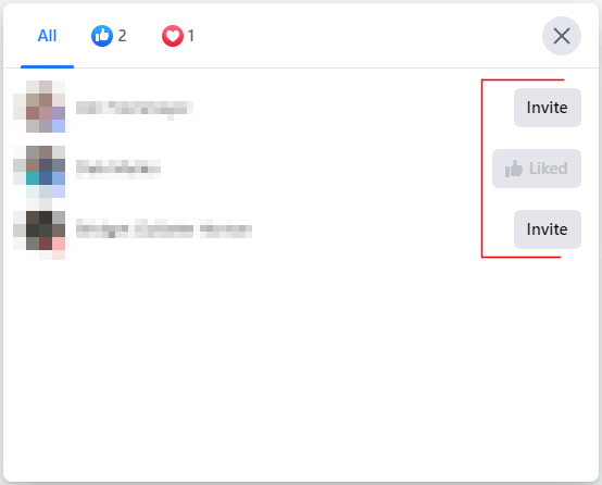 Facebook Page Invite Buttons in People Who Like or Reacted to Post Window