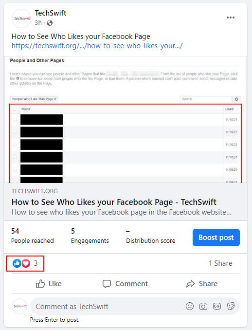 Facebook Page Likes and Reactions Under Post