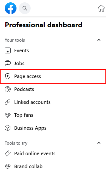 Facebook Web Page Access in Leftmost Menu on Page Professional Dashboard