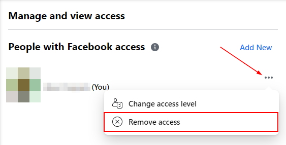 Facebook Web Remove Access в меню с многоточием для менеджера страниц на странице «Управление ролями страницы Facebook»