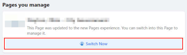 Schaltfläche "Jetzt wechseln" von Facebook unter der Seite auf der Seite "Verwaltete Seiten".