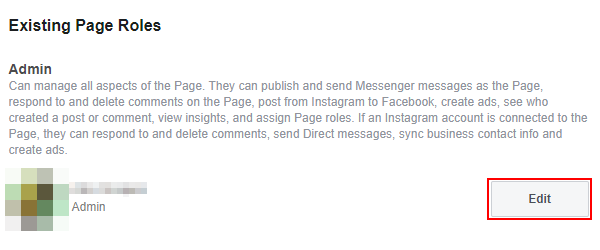 Кнопка редактирования веб-сайта Facebook на панели администратора в настройках роли страницы