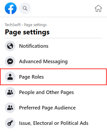 Facebook Website Page Roles in Leftmost Menu on Page Homepage