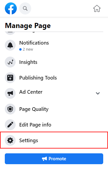 Facebook Website Settings in Leftmost Menu on Page Homepage