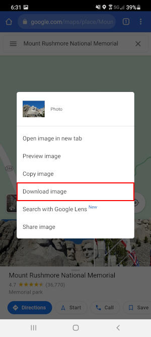 Google Maps Mobile Web Download Image in Longpress Menu of Photo