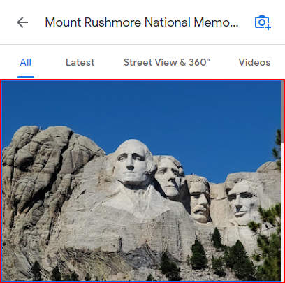 Google Maps Web Photo of Mount Rushmore in Leftmost Menu