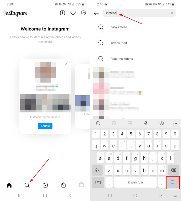 Instagram Mobile App Search Icon and Search Bar