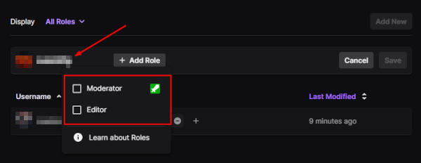 Twitch Available Roles on Add New Role Screen