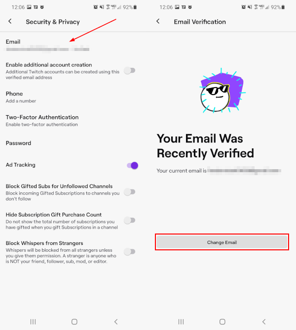 Twitch Mobile App Change Email Button in Email Settings