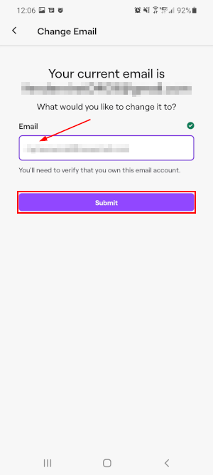 Twitch Mobile App New Email Address on Change Email Address Screen