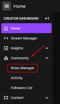 Twitch Roles Manager in Community Menu on Creator Dashboard