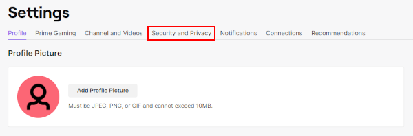 Twitch Security and Privacy Tab in Settings