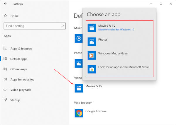 Windows 10 Choose New Default Video Player Menu in Default Apps Settings