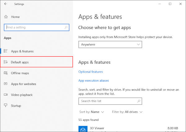Windows 10 Default Apps in Left Menu in App Settings