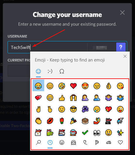 Windows 10 Emojis Window on Change Username Page in Discord