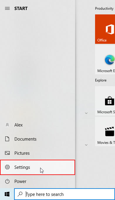 Windows 10 Settings in Start Menu