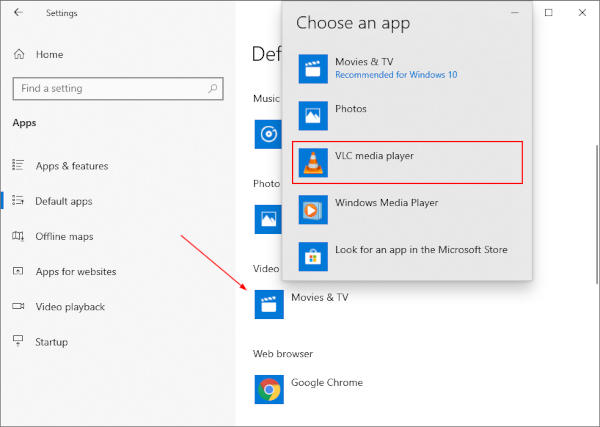 Windows 10 VLC in Choose New Default Video Player Menu in Default Apps Settings