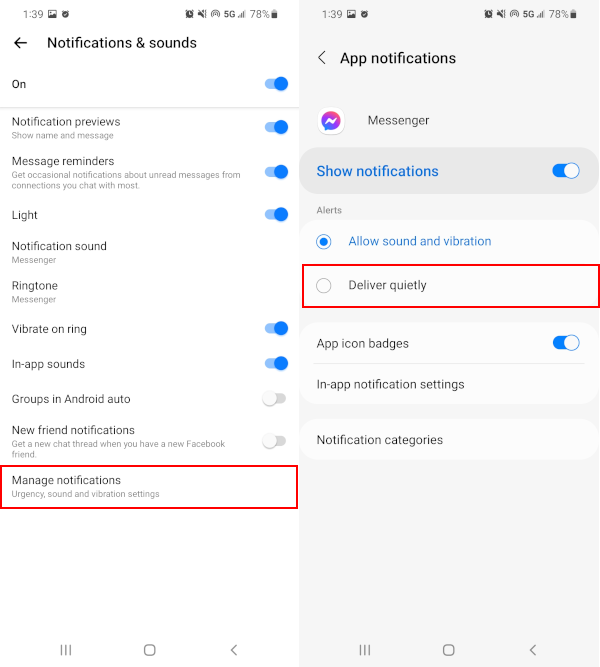 Facebook Messenger Android Mobile App Delivery Quietly in Notification Settings