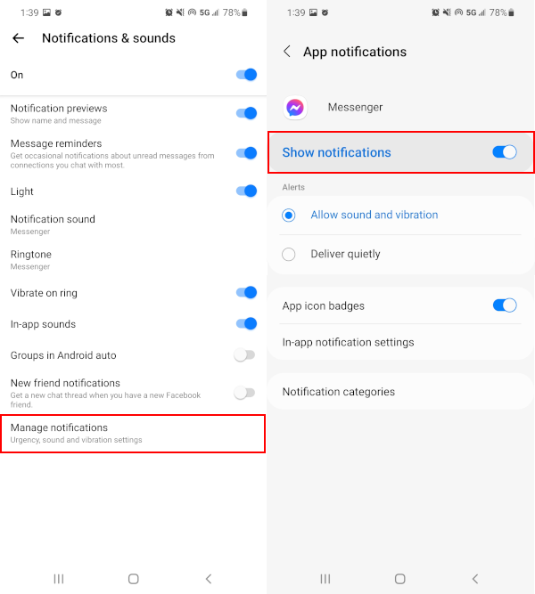 Facebook Messenger Android Mobile App Show Notifications Toggle in Notification Settings