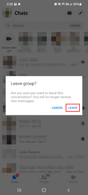 Facebook Messenger Mobile App Leave Option in Leave Group Confirmation Box