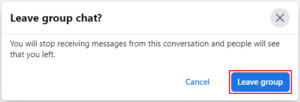 Facebook Messenger Web Leave Group Button in Confirmation Box