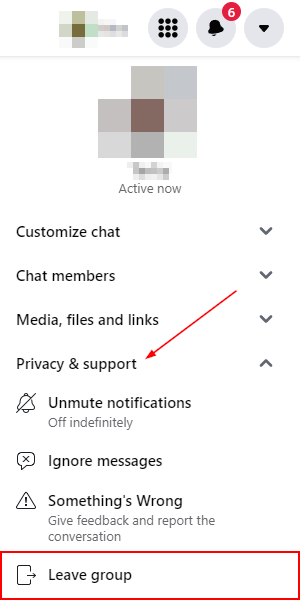 Facebook Messenger Web Leave Group Option Under Privacy and Support in Conversation Settings
