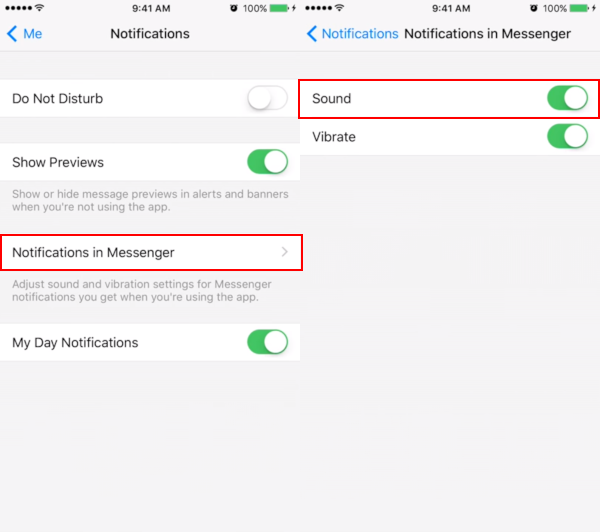 Facebook Messenger iPhone Mobile App Sound Toggle in Notification Settings